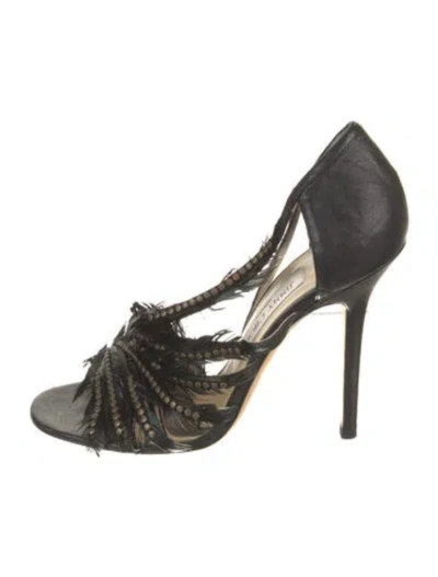 Pre-owned Jimmy Choo Leather Feather Trim Gladiator Sandals In Black