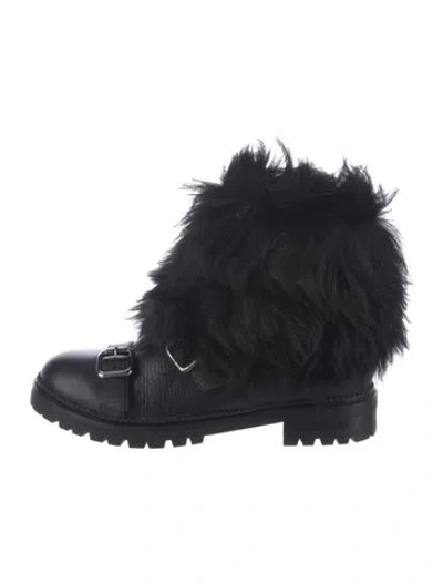 Pre-owned Jimmy Choo Leather Fur Trim Combat Boots In Black