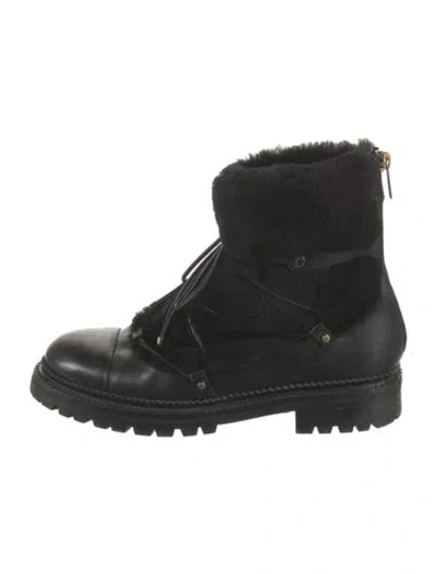 Pre-owned Jimmy Choo Leather Fur Trim Combat Boots In Black