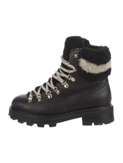 Pre-owned Jimmy Choo Leather Fur Trim Combat Boots In Black