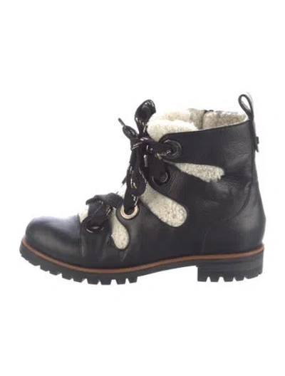 Pre-owned Jimmy Choo Leather Fur Trim Combat Boots In Blue