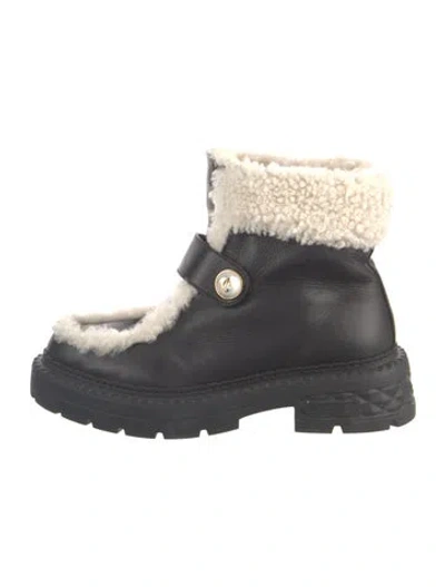 Pre-owned Jimmy Choo Leather Fur Trim Combat Boots In Blue