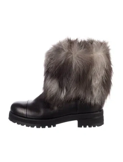 Pre-owned Jimmy Choo Leather Fur Trim Combat Boots In Brown