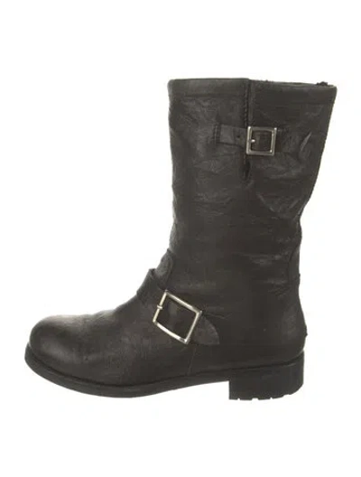 Pre-owned Jimmy Choo Leather Fur Trim Moto Boots In Black