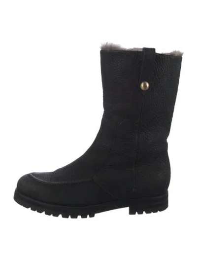 Pre-owned Jimmy Choo Leather Fur Trim Moto Boots In Black