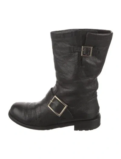 Pre-owned Jimmy Choo Leather Fur Trim Moto Boots In Black