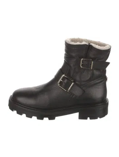 Pre-owned Jimmy Choo Leather Fur Trim Moto Boots In Black