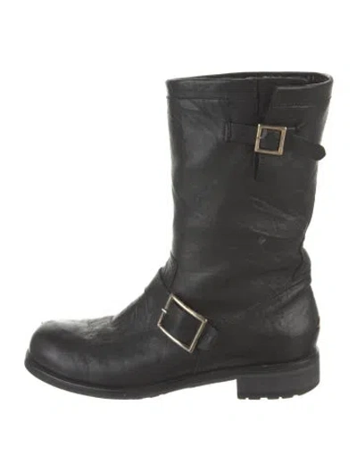 Pre-owned Jimmy Choo Leather Fur Trim Moto Boots In Black