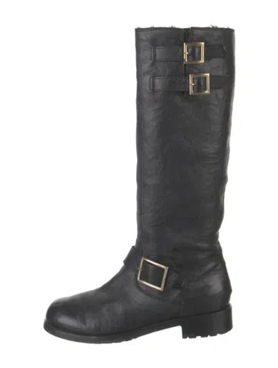 Pre-owned Jimmy Choo Leather Fur Trim Moto Boots In Black