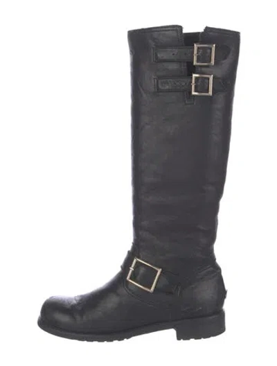 Pre-owned Jimmy Choo Leather Fur Trim Moto Boots In Black