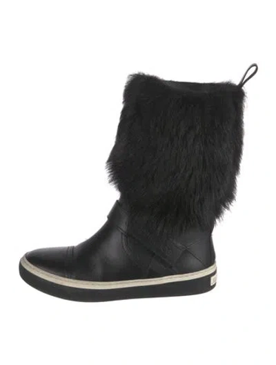 Pre-owned Jimmy Choo Leather Fur Trim Rain Boots In Black