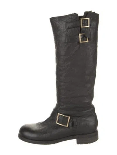 Pre-owned Jimmy Choo Leather Fur Trim Riding Boots In Black