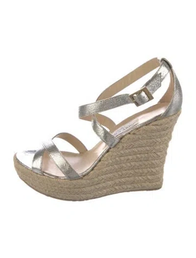 Pre-owned Jimmy Choo Leather Glitter Accents Espadrilles In Silver