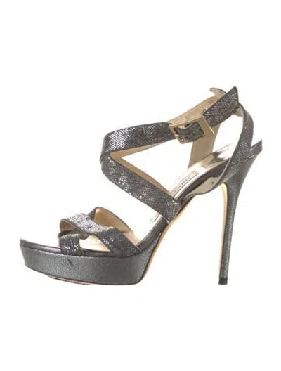 Pre-owned Jimmy Choo Leather Glitter Accents Gladiator Sandals In Gray