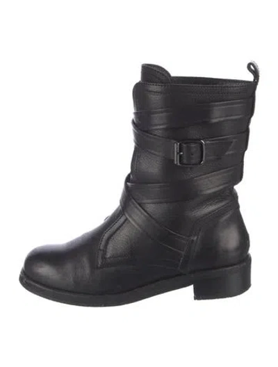 Pre-owned Jimmy Choo Leather Leather Trim Embellishment Moto Boots In Black