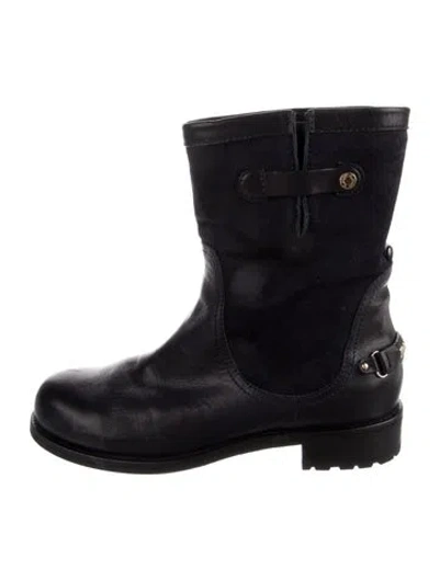 Pre-owned Jimmy Choo Leather Leather Trim Embellishment Moto Boots In Black