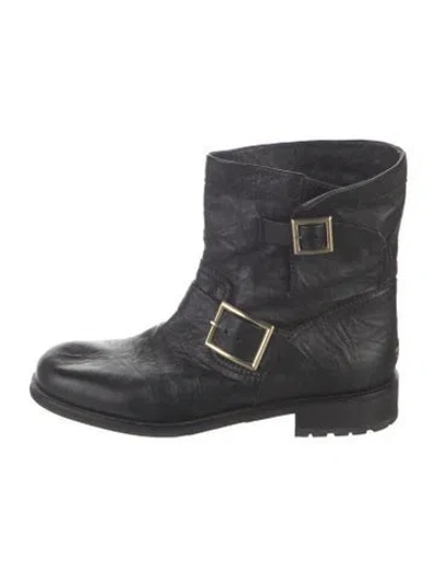 Pre-owned Jimmy Choo Leather Leather Trim Embellishment Moto Boots In Black