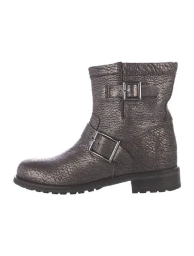 Pre-owned Jimmy Choo Leather Moto Boots In Gray