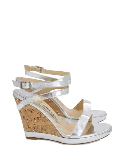 Pre-owned Jimmy Choo Leather Strappy Wedge Sandals In Silver
