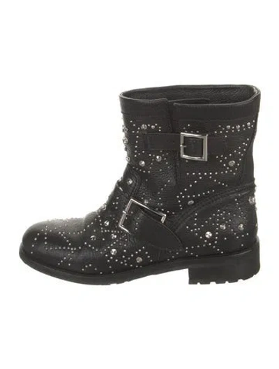 Pre-owned Jimmy Choo Leather Studded Accents Moto Boots In Black