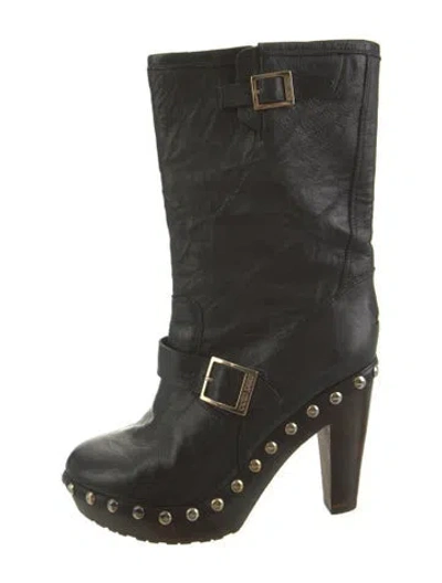 Pre-owned Jimmy Choo Leather Studded Accents Moto Boots In Black
