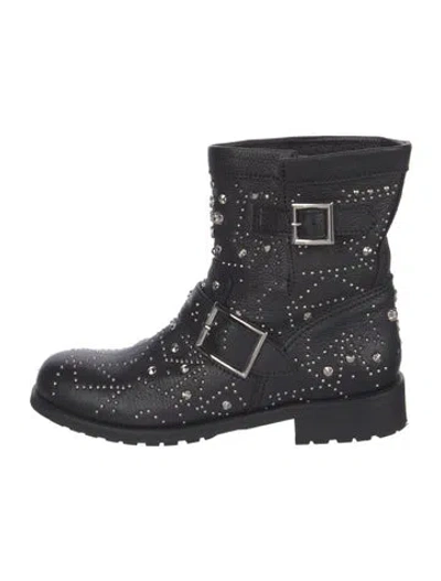 Pre-owned Jimmy Choo Leather Studded Accents Moto Boots In Black