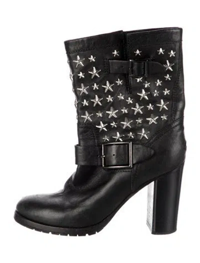 Pre-owned Jimmy Choo Leather Studded Accents Moto Boots In Black