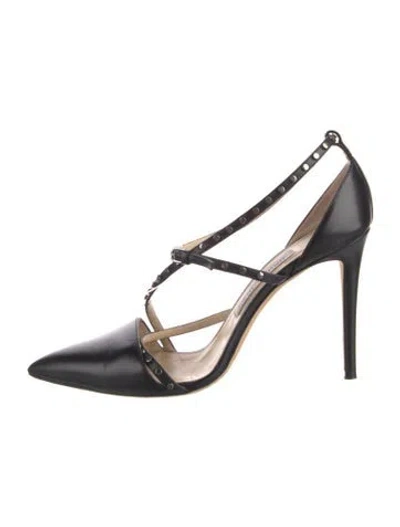 Pre-owned Jimmy Choo Leather Studded Accents T-strap Pumps In Black