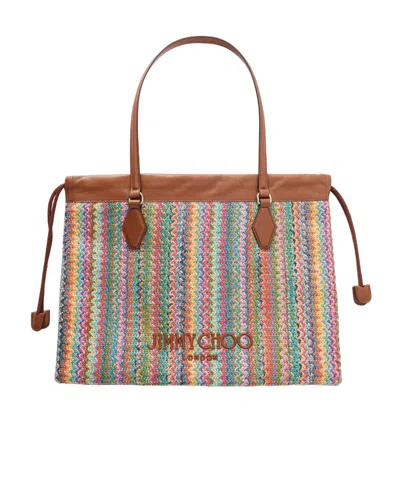 Jimmy Choo Leather-trimmed Striped Raffia Tote Bag In Brown