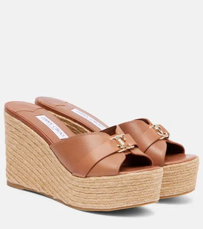 JIMMY CHOO LEDA 100 LEATHER PLATFORM WEDGE SANDALS