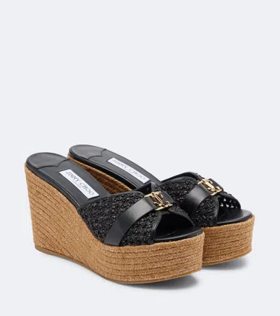 Jimmy Choo Leda Leather-trimmed Raffia Wedge Mules In Black