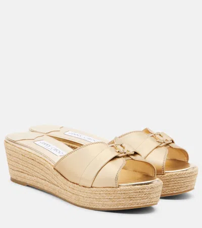 Jimmy Choo Leda Metallic Leather Espadrille Wedges In Gold