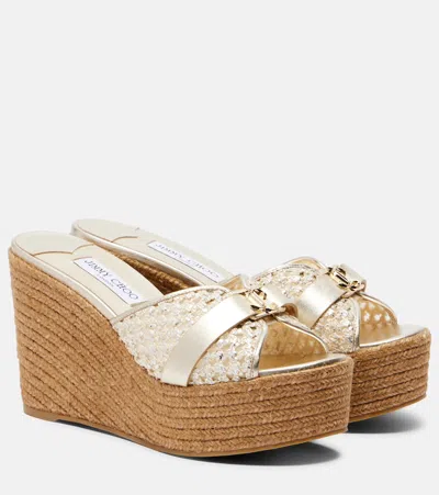 Jimmy Choo Leda Raffia-trimmed Leather Wedge Espadrilles In Brown