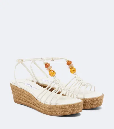 Jimmy Choo Lemi 50 Bead-embellished Leather Wedge Sandals In Neutrals