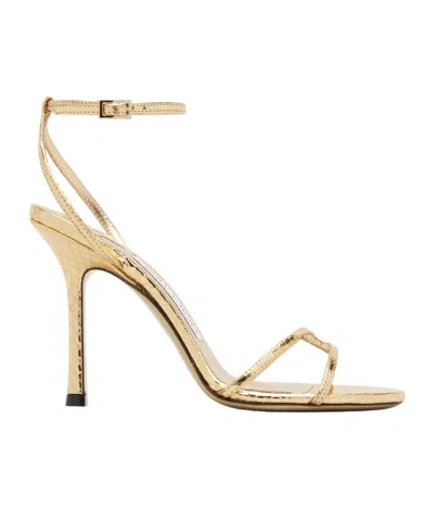 Jimmy Choo Snake-embossed 1998 Leo Metallic Leather Ankle-strap Sandals In Gold
