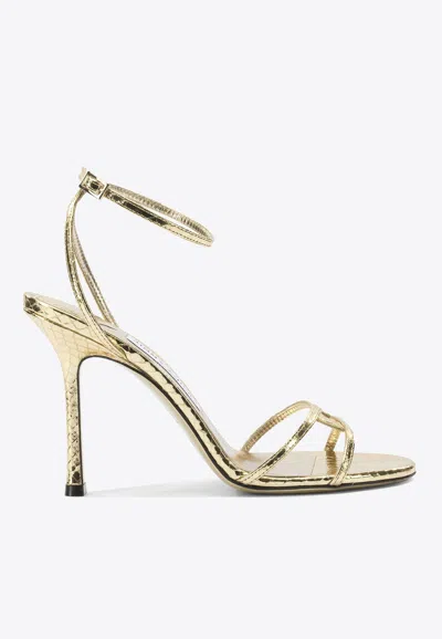 JIMMY CHOO LEO 100 METALLIC LEATHER SANDALS