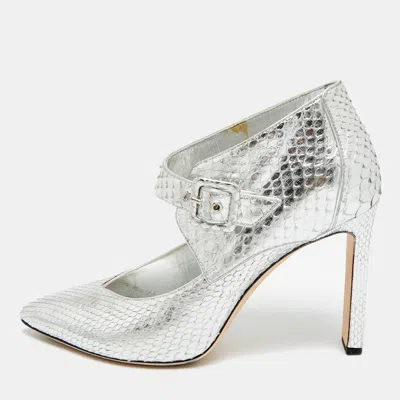 Pre-owned Jimmy Choo Letty 100 Size 38.5 Silver Python Leather Ankle Length Boots