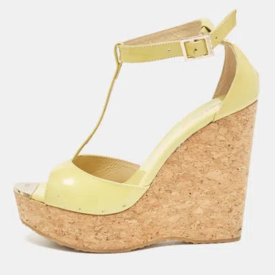 Jimmy Choo Light Green Patent Leather Pania Cork Wedge Sandals In Multi