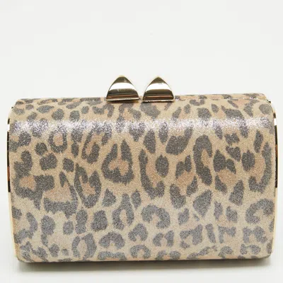 Jimmy Choo Light Leopard Print Suede Compact Twill Tube Clutch In White