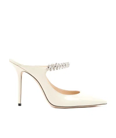 Jimmy Choo Linen White Bing 100 Crystal Anklet Patent Leather Mules