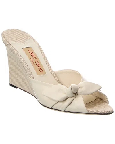 Jimmy Choo Livi 85 Leather & Canvas Wedge Sandal In Neutral