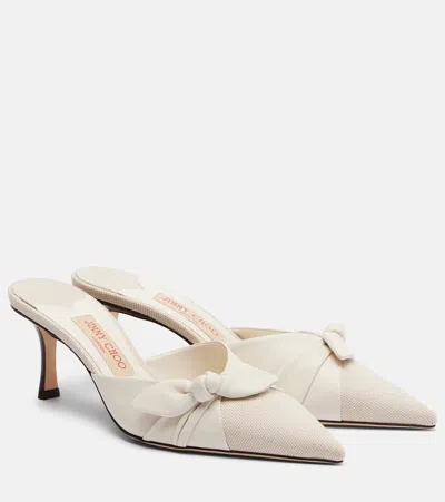 Jimmy Choo Livi Bow-detail Leather-trimmed Canvas Mules In White