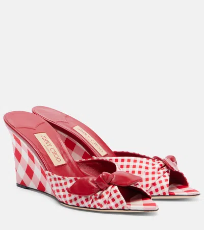Jimmy Choo Livi Gingham Canvas Wedge Sandals In Red