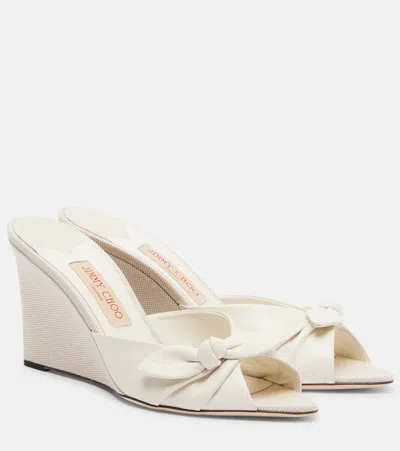 Jimmy Choo Livi 85 Bow-embellished Leather Wedge Sandals In White