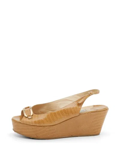 Pre-owned Jimmy Choo Lizard-embossed Wedge Sandals In Neutral