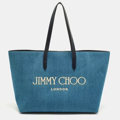 Jimmy Choo Logo Blue Denim And Leather Shopper Tote