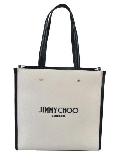 Jimmy Choo Logo Print Tote In Natural/black/silver