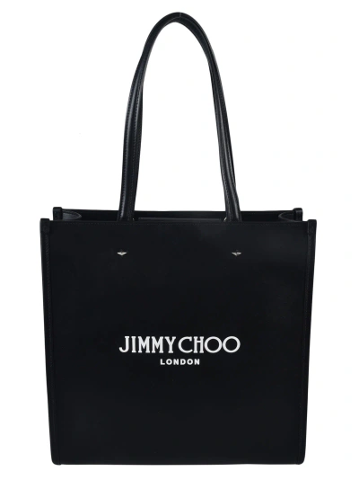 Jimmy Choo Logo Printed Tote In Black/white/silver