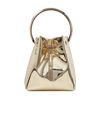 Jimmy Choo Shiny Mirror-effect Bon Bon Bag With Chain Drawstring And Metal Handle In Gold