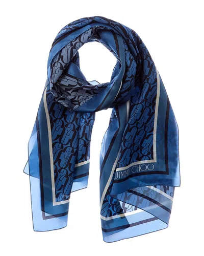 Jimmy Choo Logo Silk Scarf In Blue